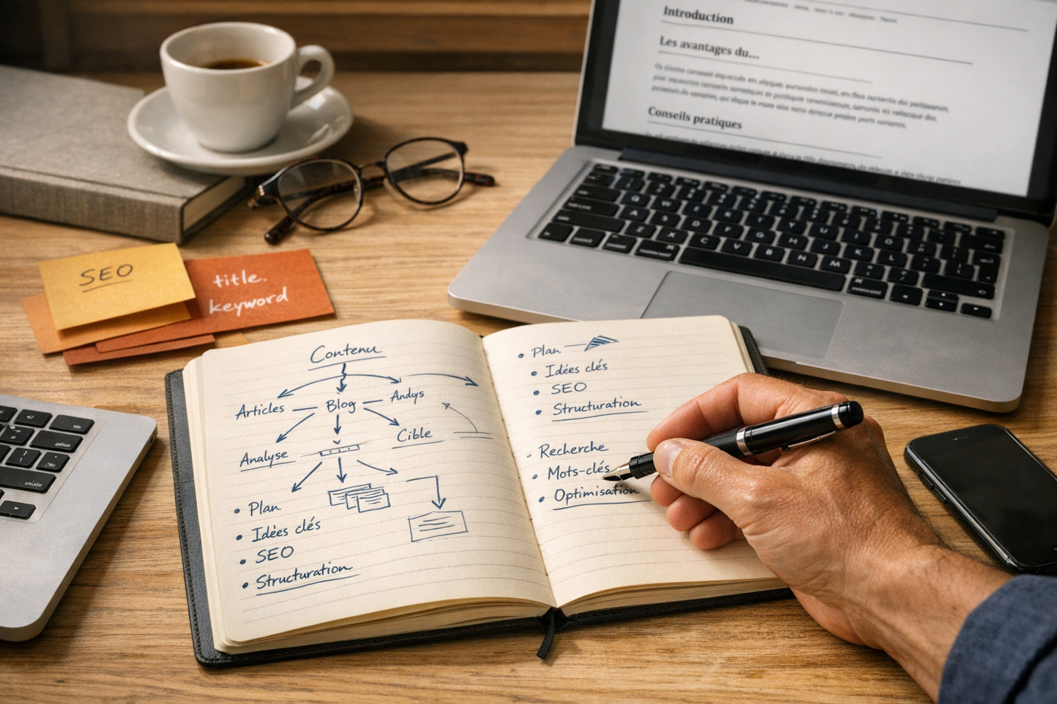 Rédaction de contenu SEO dans un carnet avec stylo plume à côté d’un ordinateur portable, notes stratégiques et mots-clés en Provence