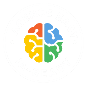 Badge circulaire Agence Easy IA-Ready représentant l’accessibilité à l’intelligence artificielle, l’automatisation et les solutions numériques modernes